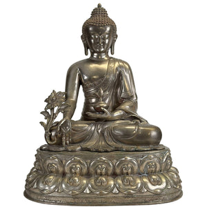 Monumental Silvered Bronze Bhaisajyaguru (Medicine Buddha), Newar Tradition, Kathmandu Valley for Tibet, ca. 1450–1600