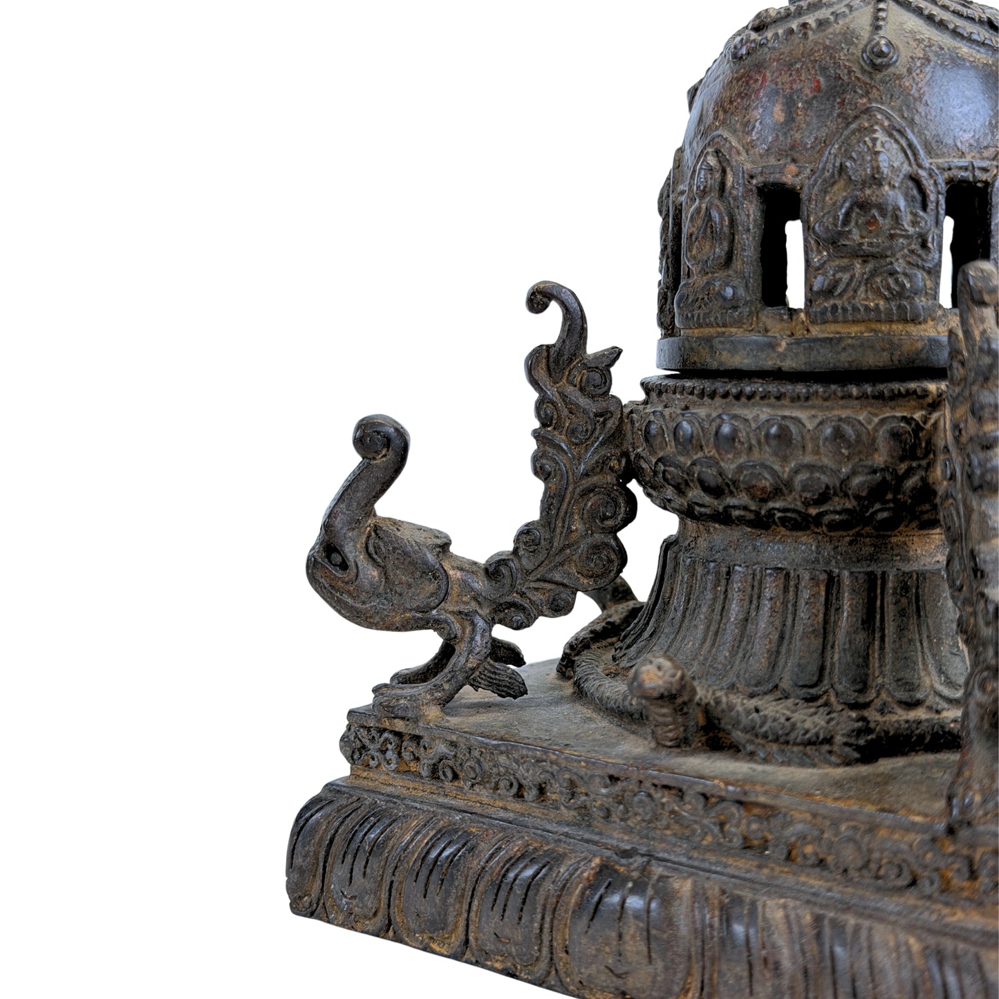 Bronzen Newar chaitya-wierookbrander – makara en florale decoratie