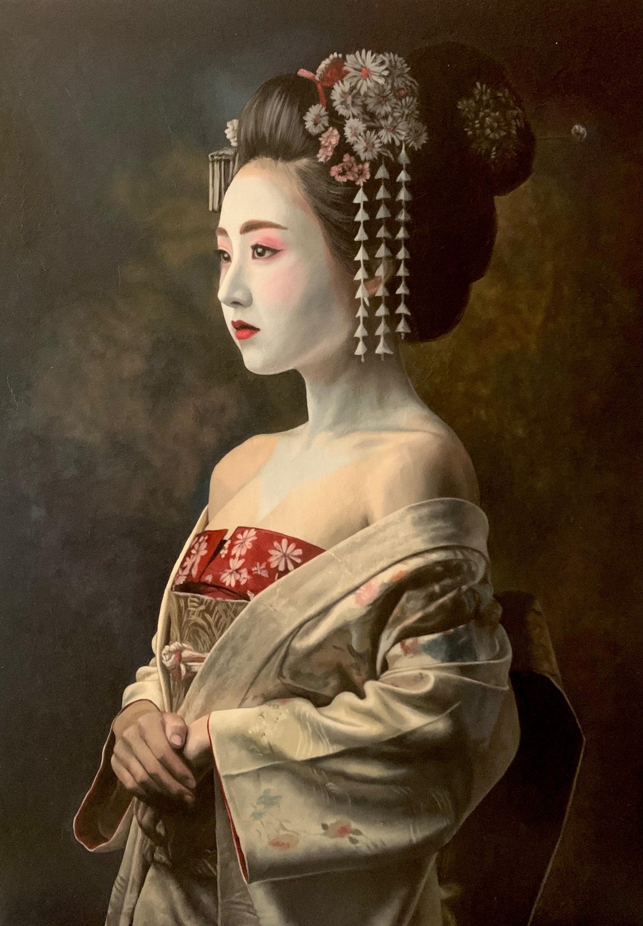Handgeschilderd olieverfschilderij op canvas van een Japanse Geisha genaamd Vigilia de seda y margaritas door kunstenaar J. Hanter.