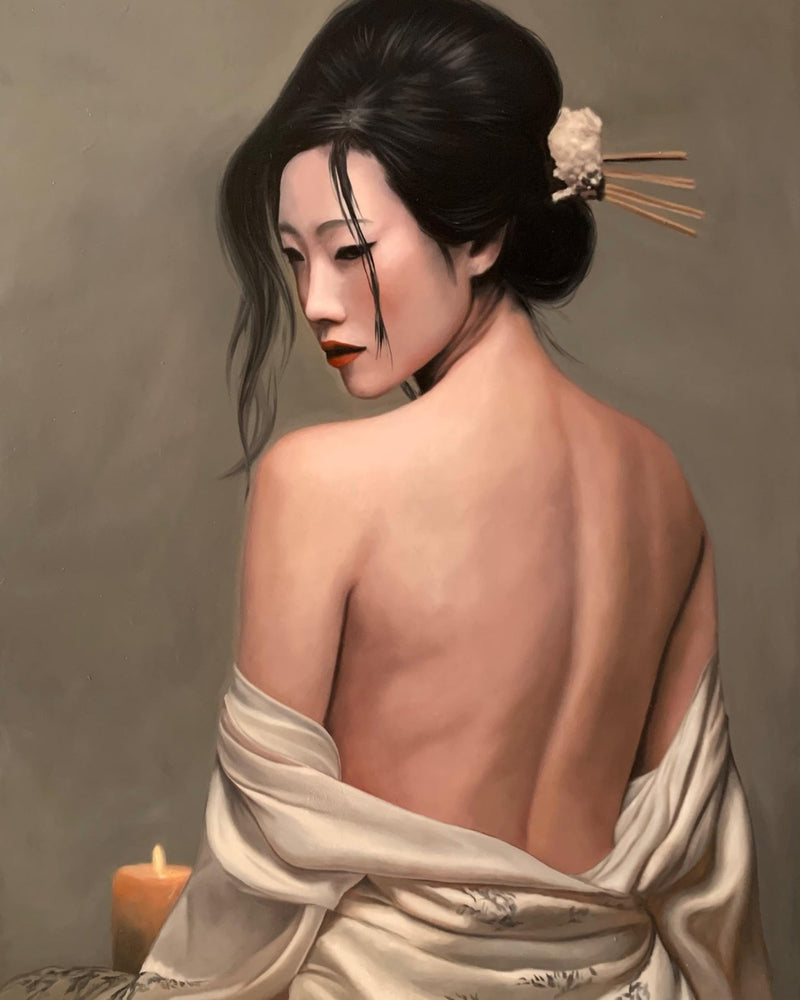 Origineel Olieverfschilderij ‘Geisha de marfil’ – Geisha met Blote Rug