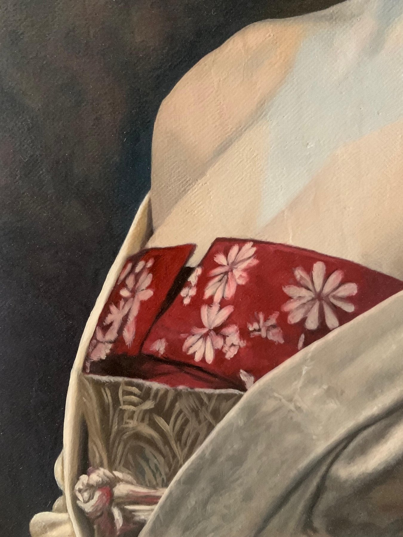 Exclusief origineel olieverfschilderij op canvas van een Japanse Geisha (Maiko) in traditionele kimono, handgeschilderd door kunstenaar J. Hanter voor 1stBuddha.