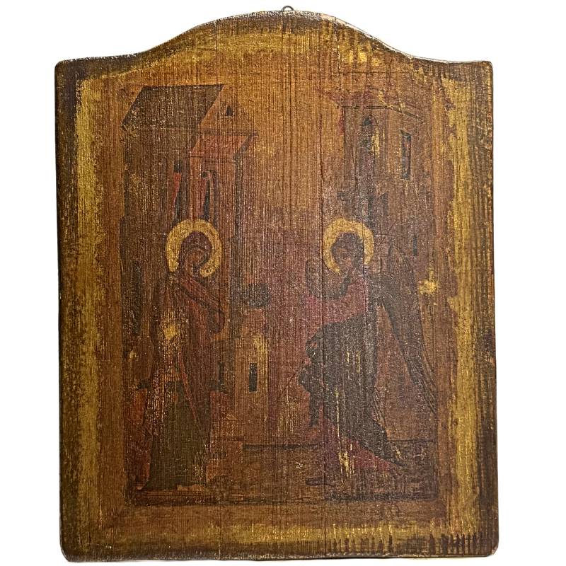Orthodoxe icoon van de Annunciatie met Maria en de aartsengel Gabriël, eitempera en bladgoud op houten paneel.

