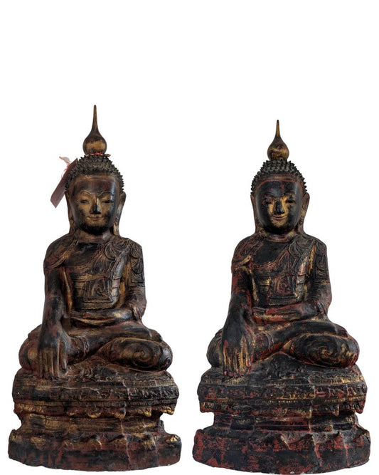 Paar antieke Birmaanse Boeddhabeelden van gelakt papier-maché, ca. 1750–1825