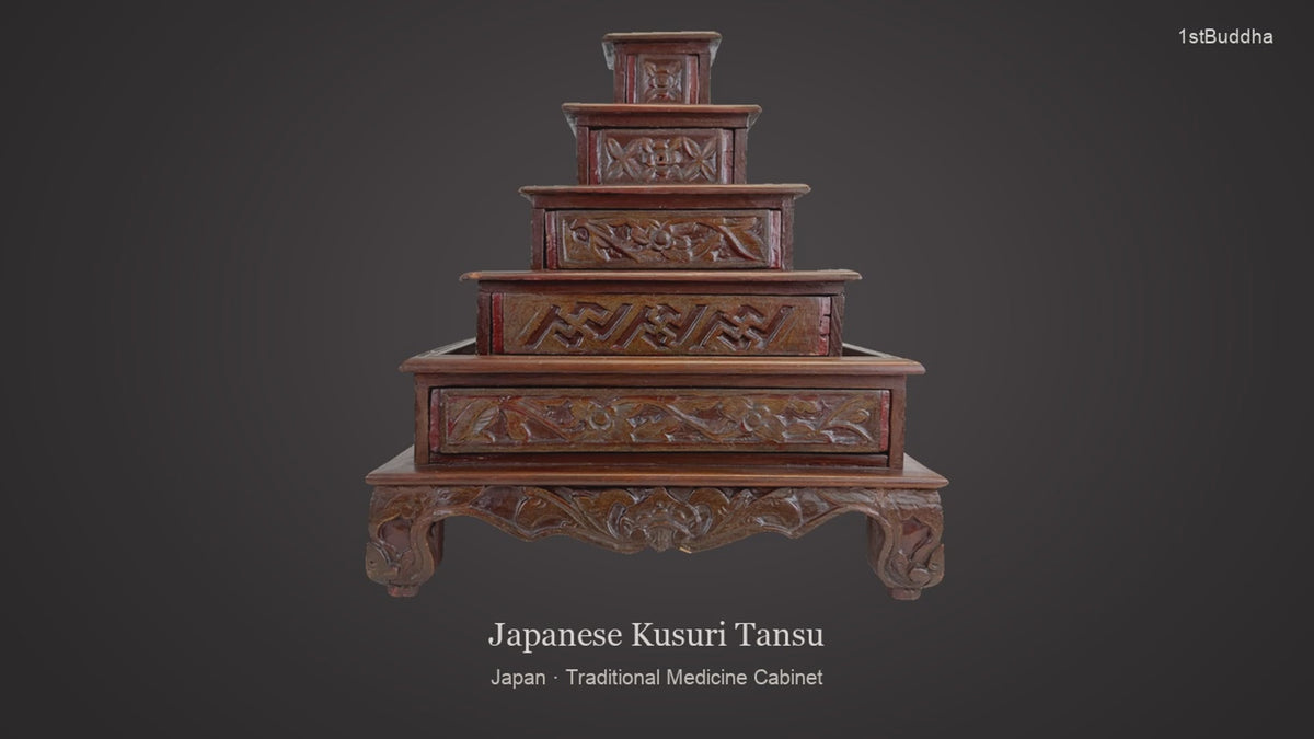 Productvideo van Japanse Kusuri Tansu Medicijnkast van Hout met Vakverdeling, met beelden van het object en details van het oppervlak en de decoratie.