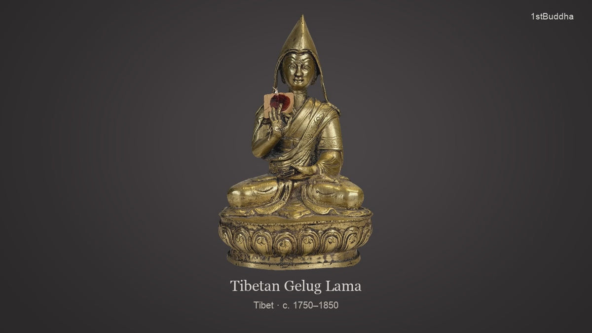 Productvideo van Antieke Vuurvergulde Tibetaanse Gelug Lama – 18e–19e Eeuw – Exportzegel 1962, met verschillende aanzichten en details van het object, oppervlak en decoratie.