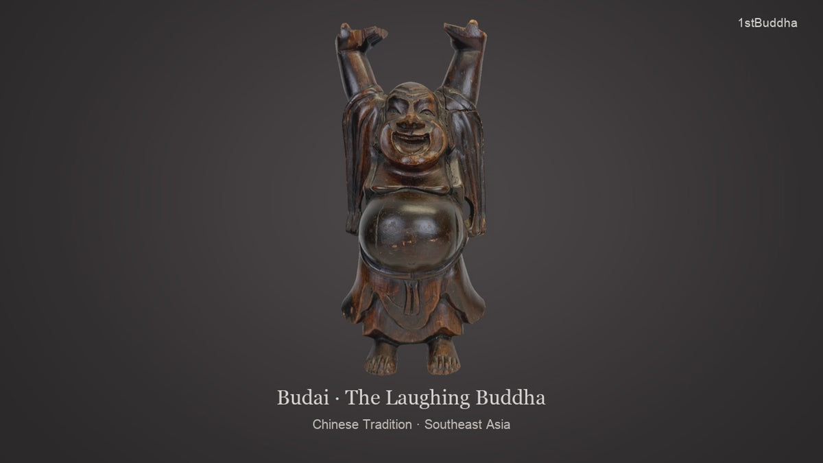Productvideo van Houten Budai Lachende Boeddha – Chinese Diaspora / Zuidoost-Azië, met beelden van het object en details van het oppervlak en de decoratie.