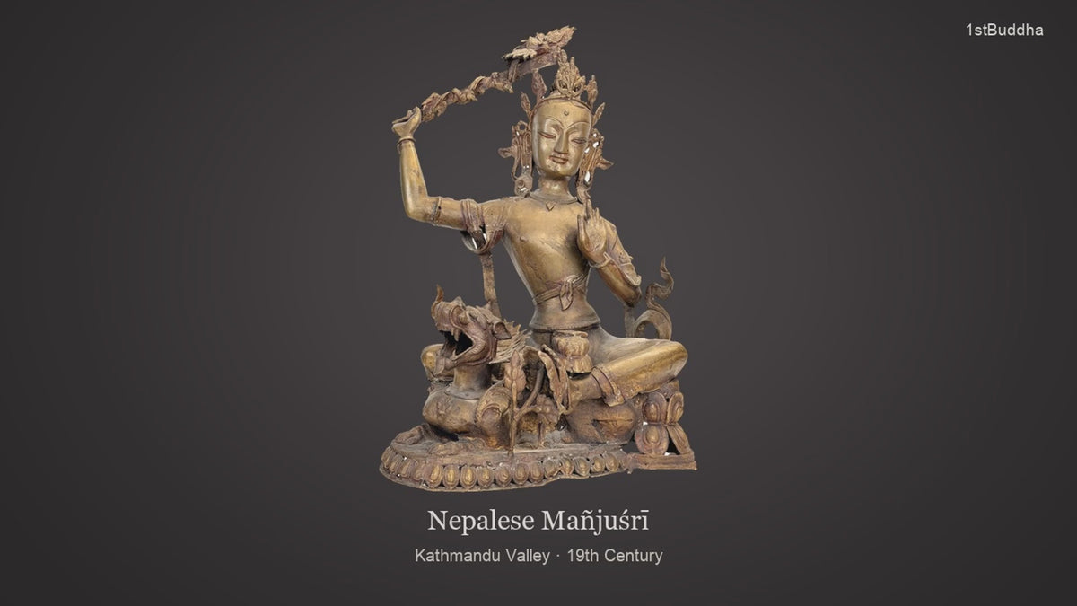 Productvideo van Antieke Nepalese Mañjuśrī – Kathmandu-vallei, 19e eeuw, met verschillende aanzichten en details van het object, oppervlak en decoratie.