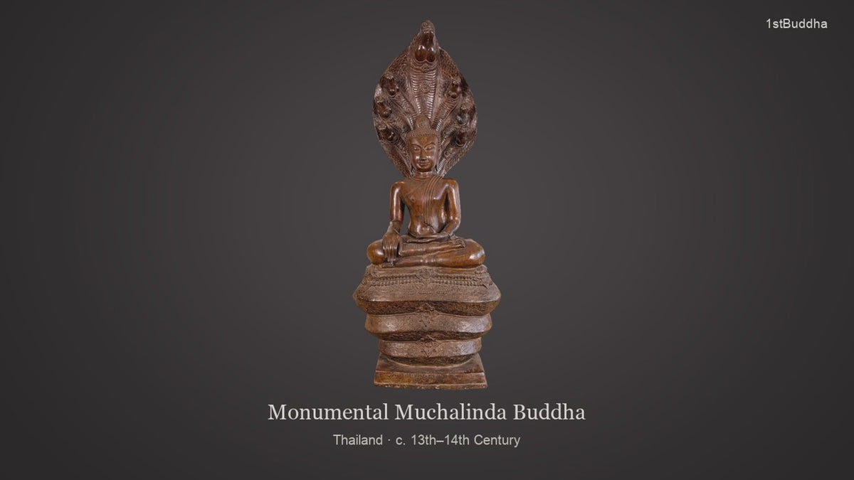 Productvideo van Monumentale Bronzen Boeddha Muchalinda – Thailand, 13e–14e Eeuw – 122 cm, met verschillende aanzichten en details van het object, oppervlak en decoratie.