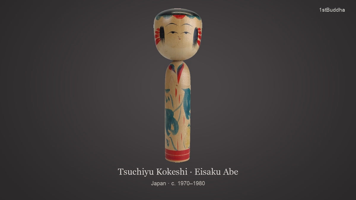 Productvideo van Authentieke Vintage Tsuchiyu Kokeshi – Eisaku Abe (Jaren '70/'80), met beelden van het object en details van het oppervlak en de decoratie.