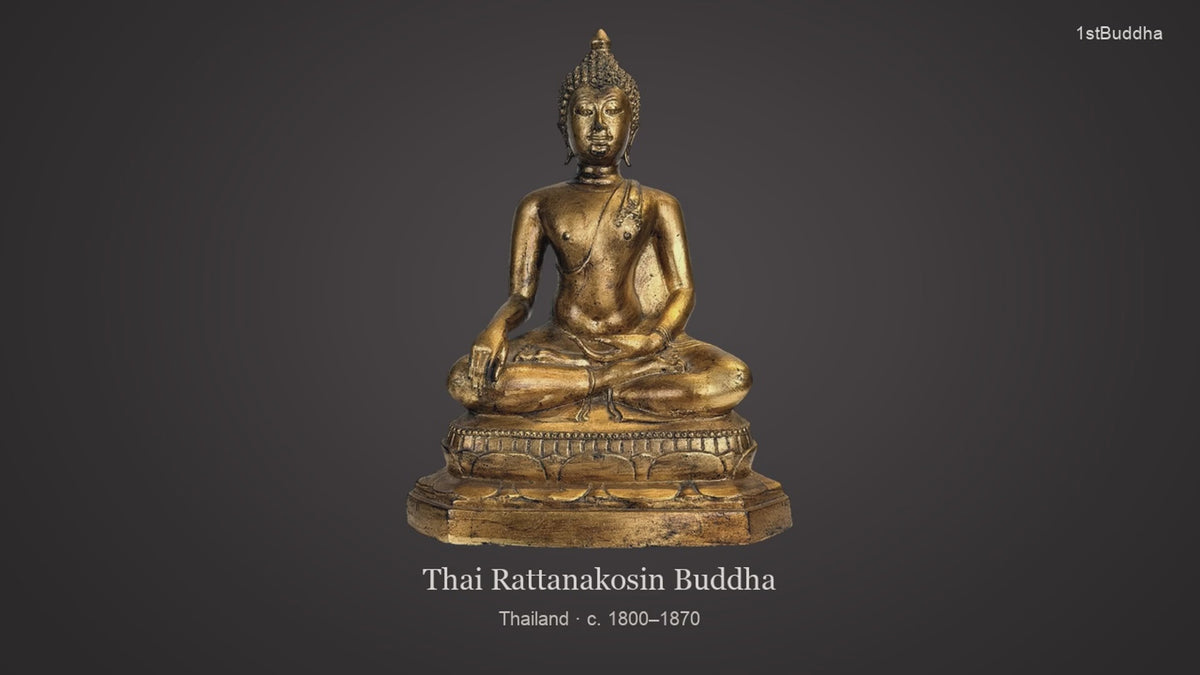 Productvideo van Antieke Thaise Boeddha in Bhumisparsha – Rattanakosin, 19e Eeuw, met verschillende aanzichten en details van het object, oppervlak en decoratie.