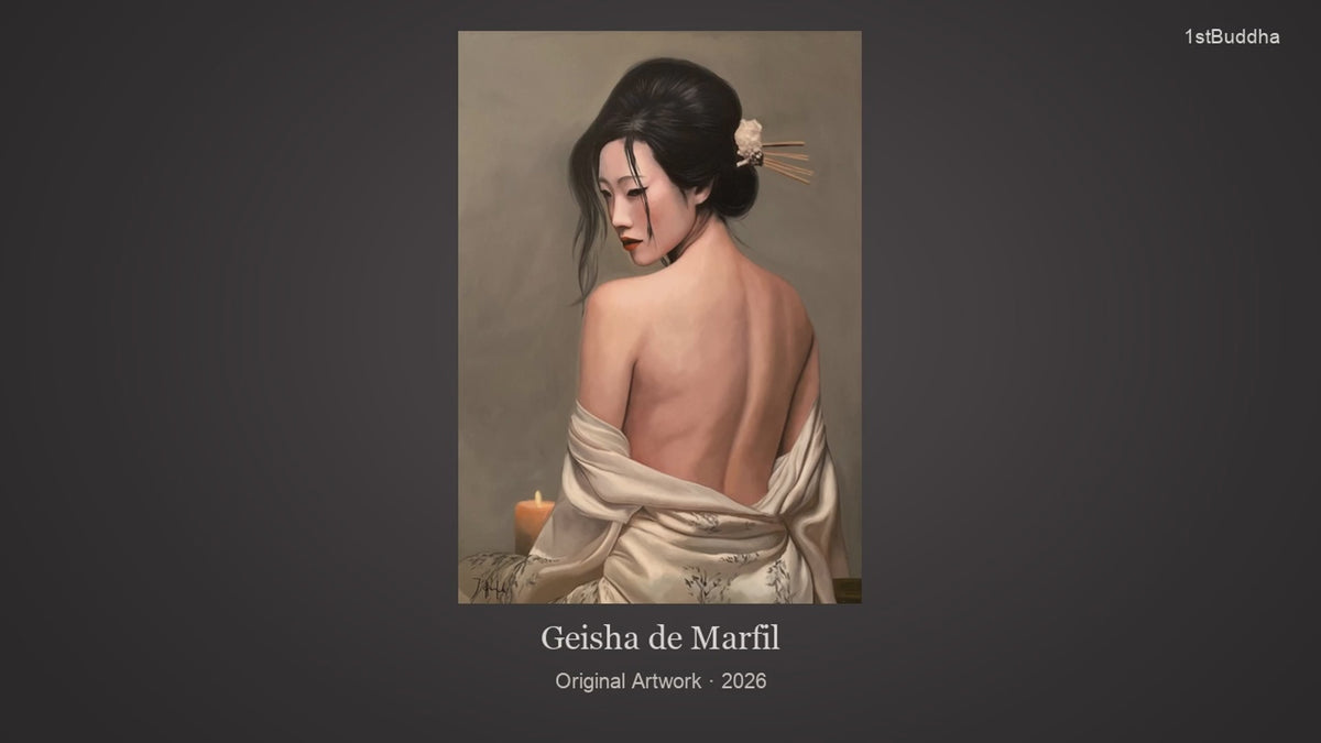 Productvideo van Origineel Olieverfschilderij ‘Geisha de marfil’ – Geisha met Blote Rug, met beelden van het object en details van het oppervlak en de decoratie.