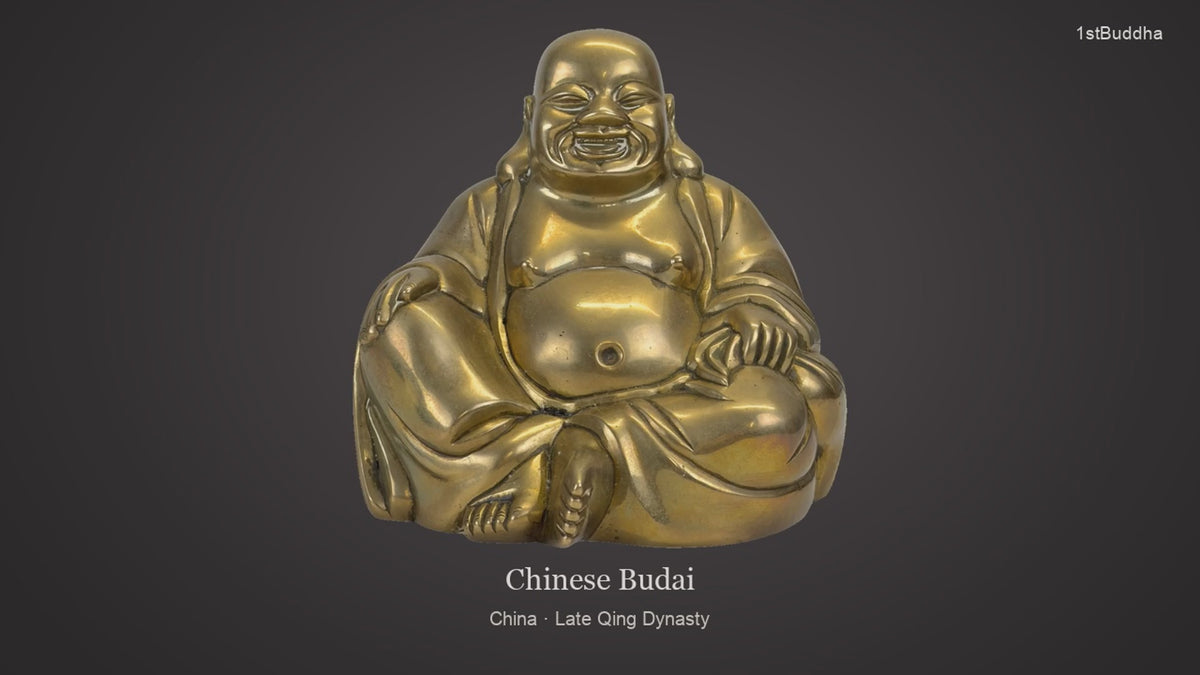 Productvideo van Antieke bronzen Budai — Late Qing-dynastie (ca. 1880–1912), met beelden van het object en details van het oppervlak en de decoratie.