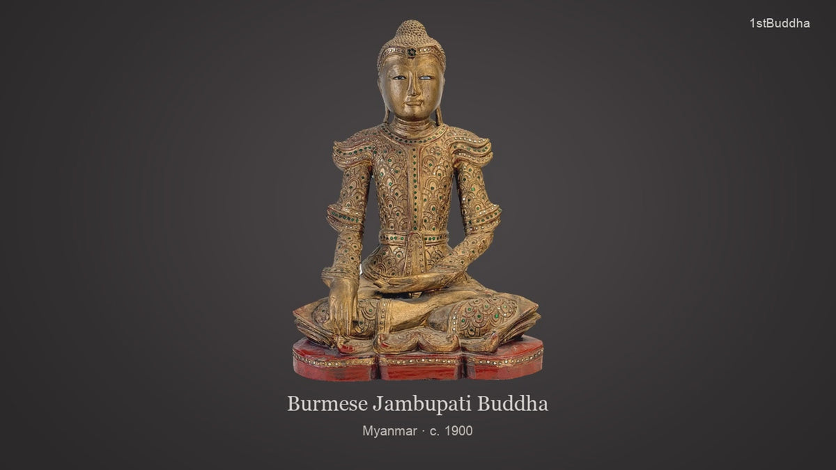 Productvideo van Antieke Birmese Jambupati Boeddha met glasmozaïek, ca. 1900, met verschillende aanzichten en details van het object, oppervlak en decoratie.
