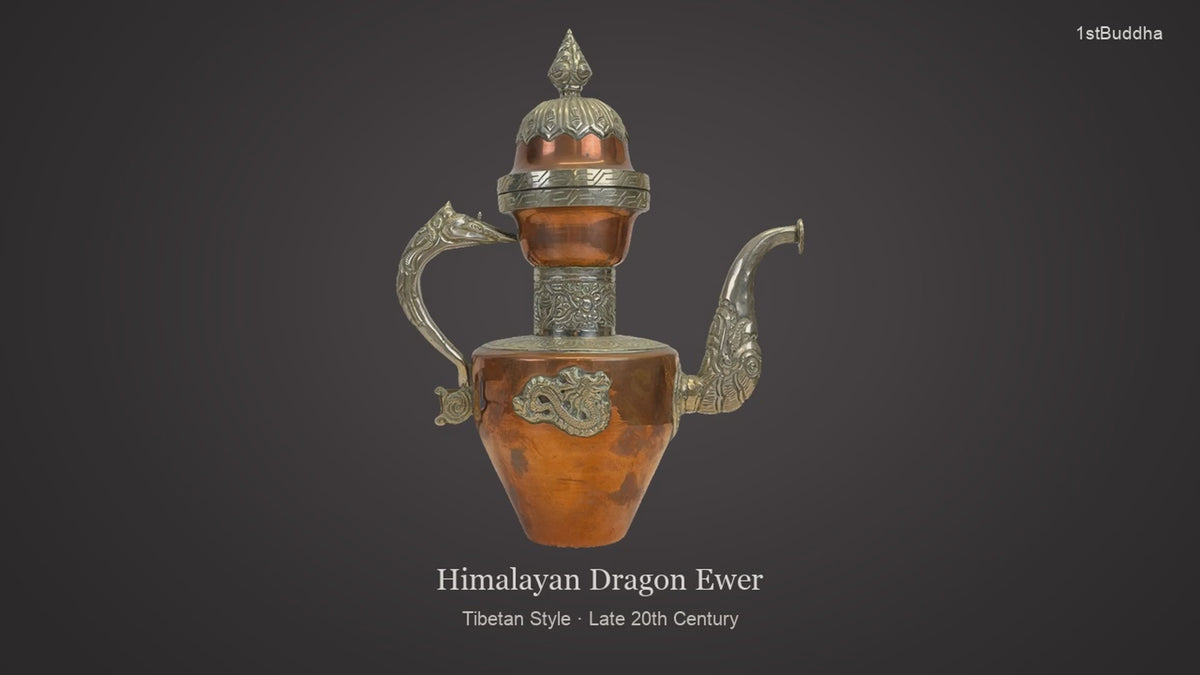 Productvideo van Vintage Himalayische Tibetaanse Koperen Drakenkannen – Paktong Reliëfdecoratie (28,5 cm), met beelden van het object en details van het oppervlak en de decoratie.