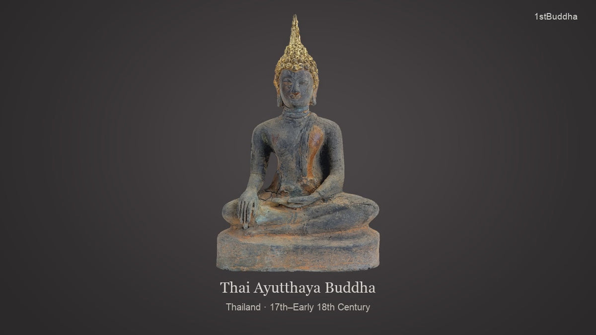 Productvideo van Vergulde bronzen Ayutthaya Boeddha – Thailand, 17e–vroege 18e eeuw, met verschillende aanzichten en details van het object, oppervlak en decoratie.
