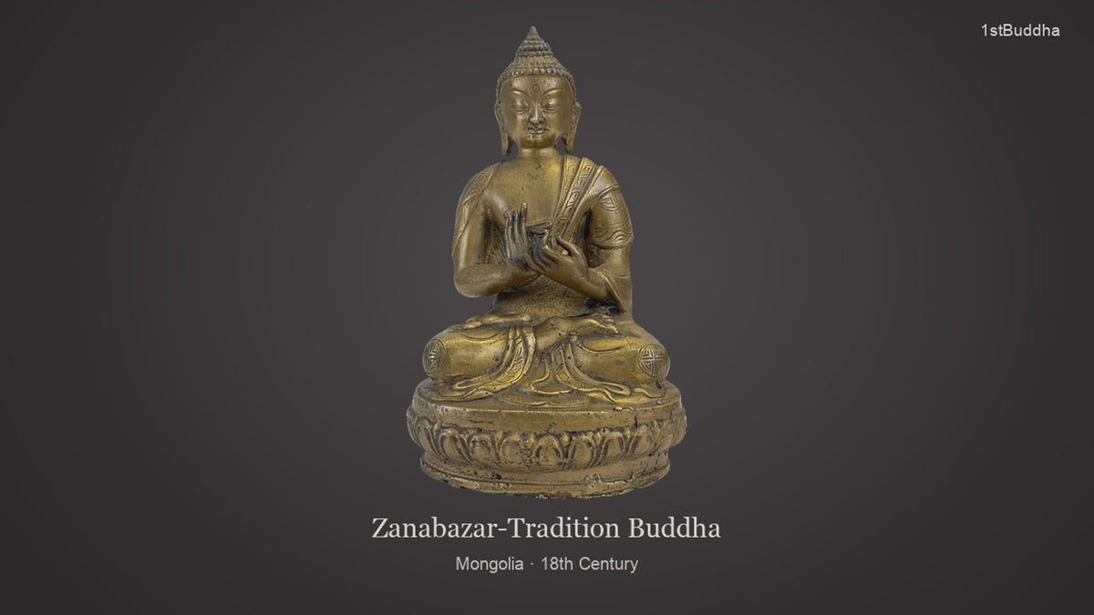 Productvideo van Antiek bronzen Boeddha beeld Zanabazar 18e eeuw Shramana Mudra, met beelden van het object en details van het oppervlak en de decoratie.