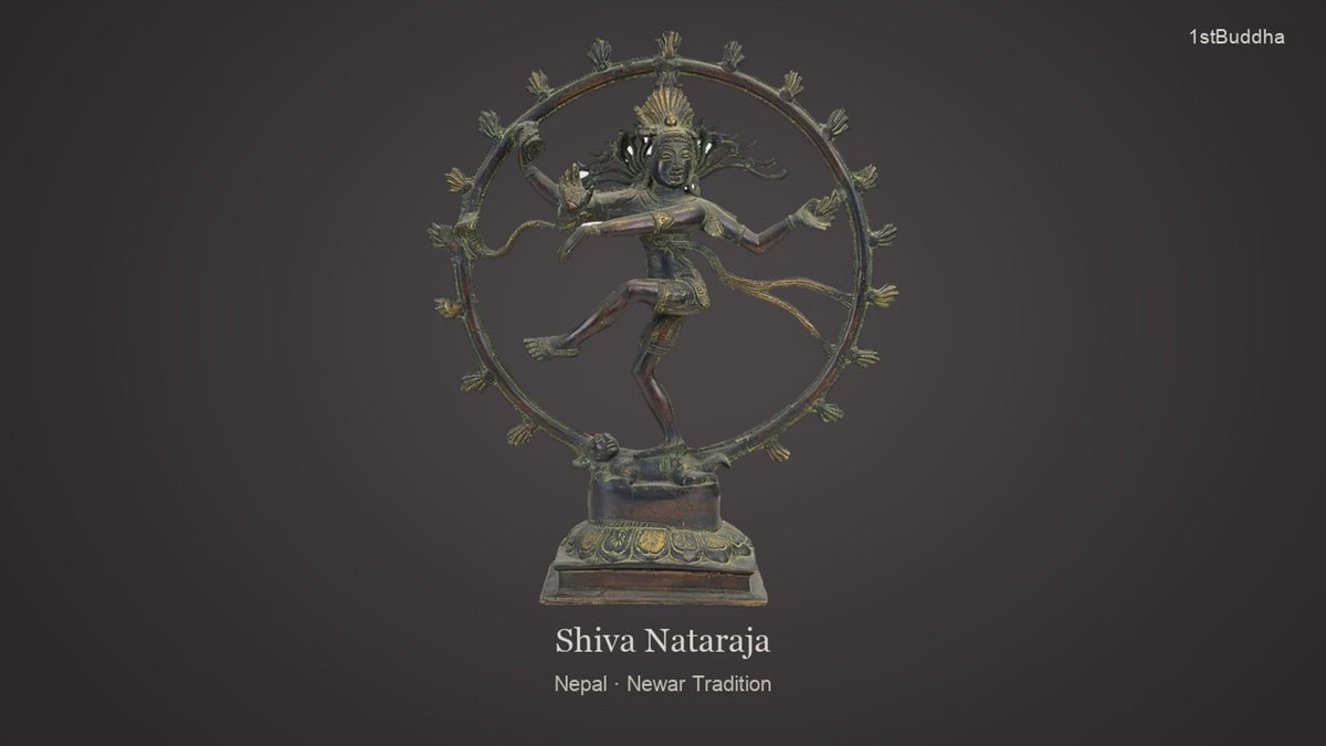 Productvideo van Antiek bronzen Shiva Nataraja Nepal 36cm cire perdue, met beelden van het object en details van het oppervlak en de decoratie.