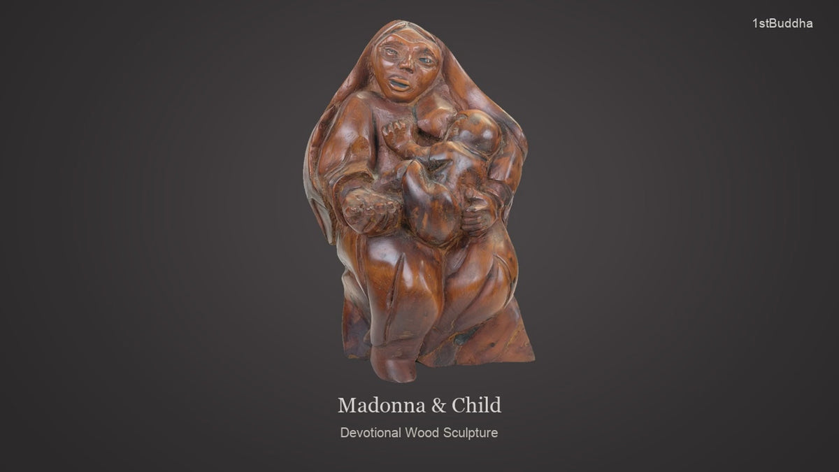 Productvideo van expressieve handgesneden Madonna met kind in zwaar tropisch hardhout, met beelden van het object en details van het oppervlak en de decoratie.
