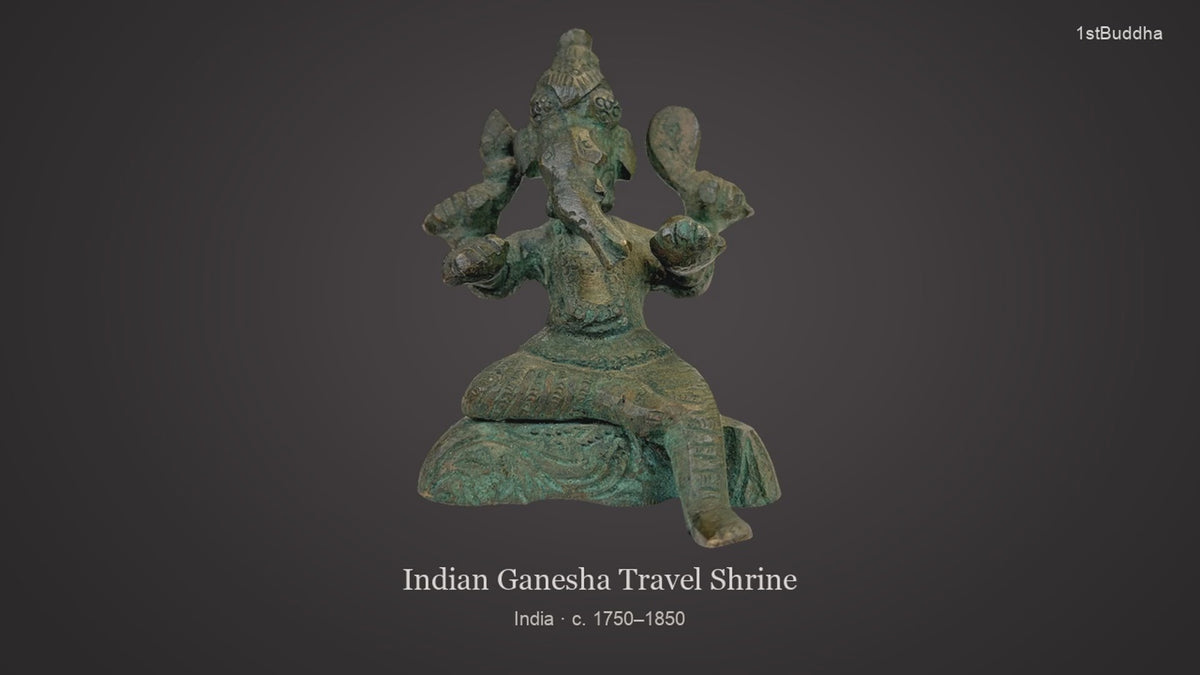 Productvideo van Antiek Indiaas Ganesha Reisbeeld in Brons – 18e–19e Eeuw, met verschillende aanzichten en details van het object, oppervlak en decoratie.