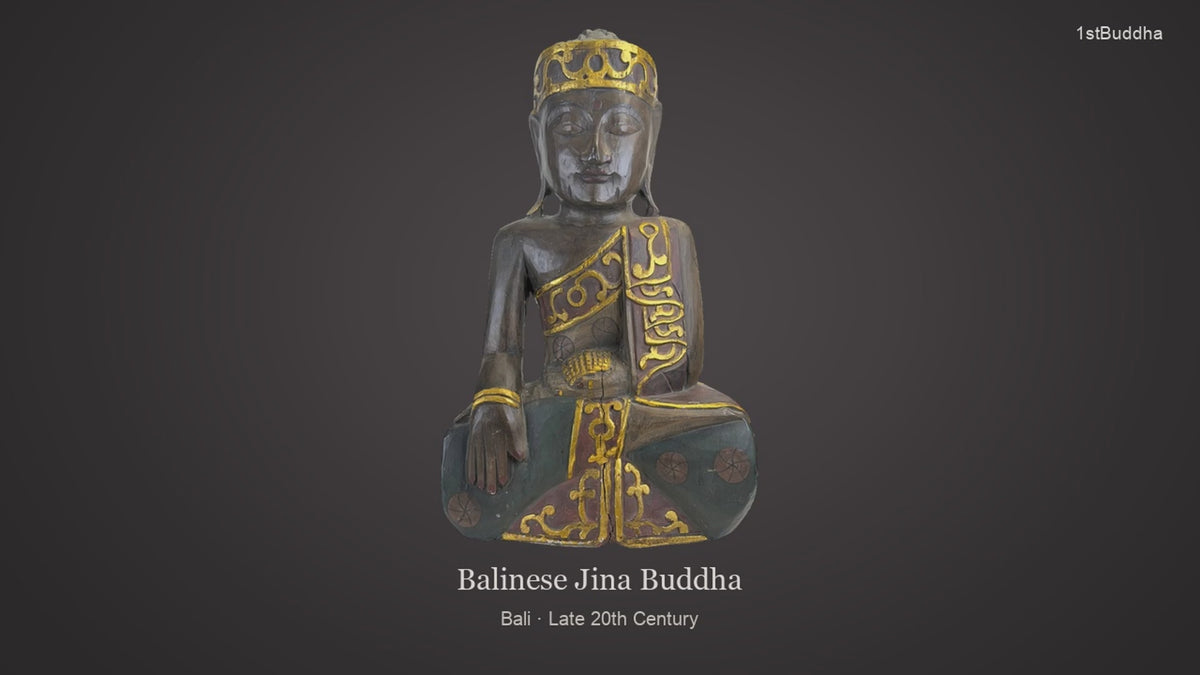 Productvideo van Monumentale Vintage Balinese Handgesneden Houten Jina Boeddha – Monolithisch Hardhout (60,5 cm / 7,1 kg), met beelden van het object en details van het oppervlak en de decoratie.