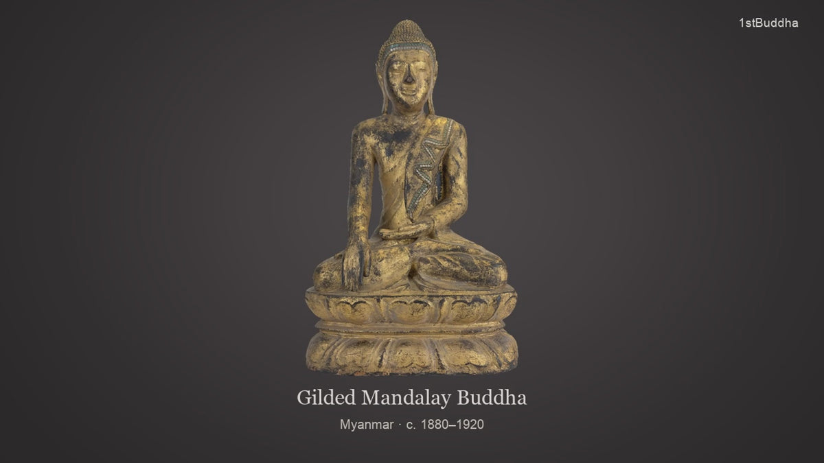 Productvideo van Antieke Vergulde Houten Boeddha – Myanmar Mandalay Stijl – Glasinleg, met beelden van het object en details van het oppervlak en de decoratie.