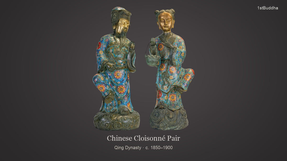 Antiek Chinees cloisonné paar Lü Dongbin en Lan Caihe uit de Qing-dynastie: beide figuren, vergulde gezichten en details van email en gewaadornamenten