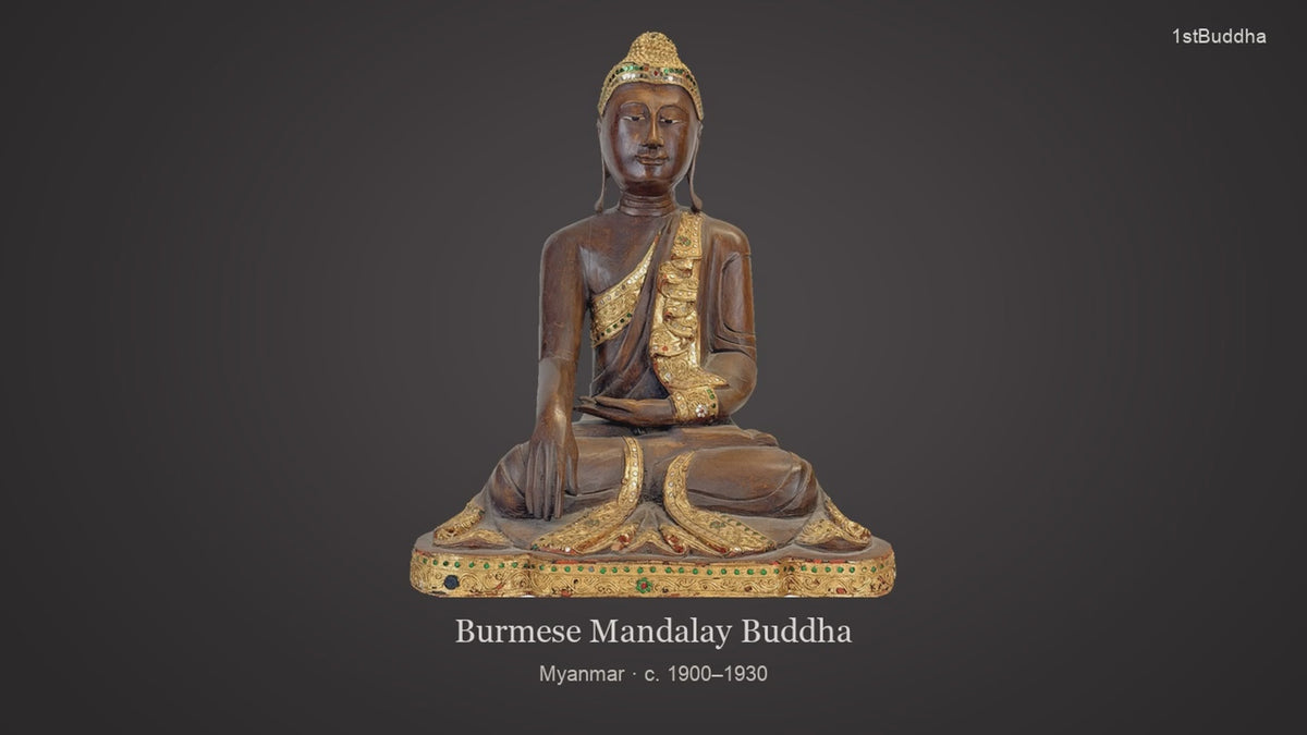 Productvideo van antieke Birmaanse Mandalay Boeddha uit Myanmar, ca. 1900–1930, in handgesneden hout met vergulding en glas- en spiegelinleg, met vooraanzicht, Bhumisparsha mudra, gelaat en achterzijde.