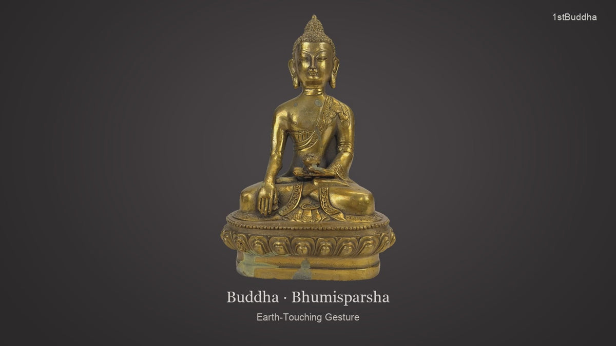 Productvideo van Verguld Bronzen Boeddha Beeld – Bhumisparsha Mudra – Symbool voor Aarding, Kracht en Verlichting (Copy), met beelden van het object en details van het oppervlak en de decoratie.