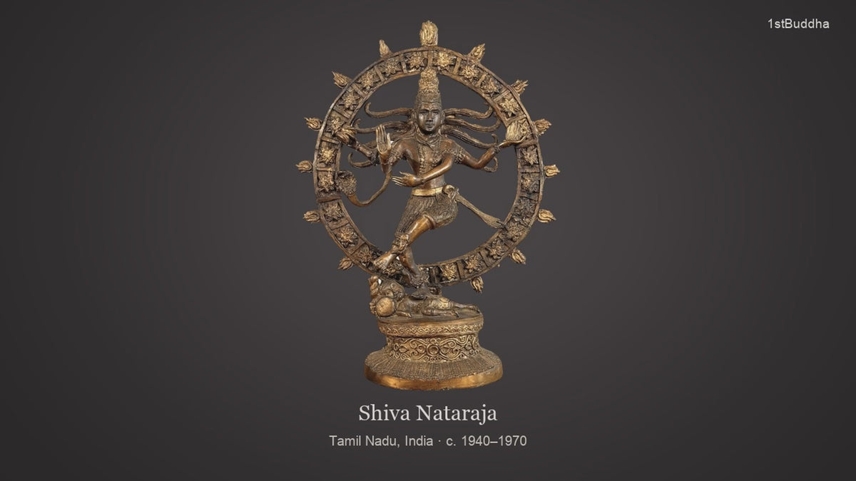 Productvideo van Zuid-Indiase bronzen Nataraja, Tamil Nadu, ca. 1940–1970, met beelden van het object en details van het oppervlak en de decoratie.