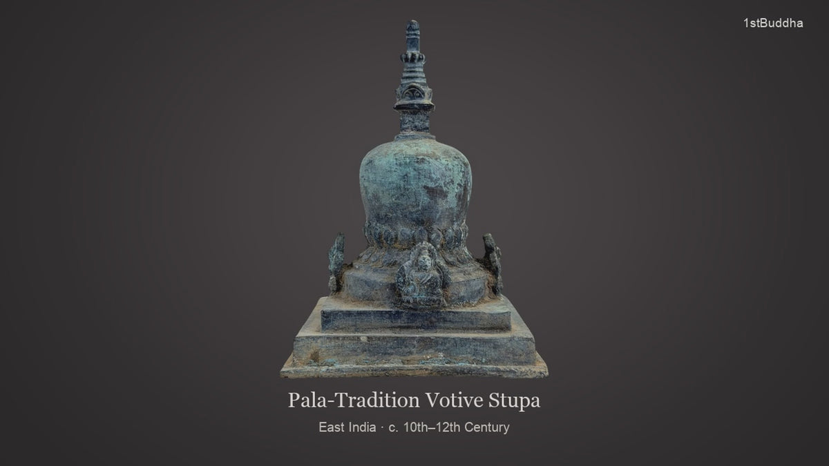 Productvideo van Oost-Indiase bronzen votiefstupa – Pala-traditie – ca. 10e–12e eeuw – 10,5 cm, met verschillende aanzichten en details van het object, oppervlak en decoratie.