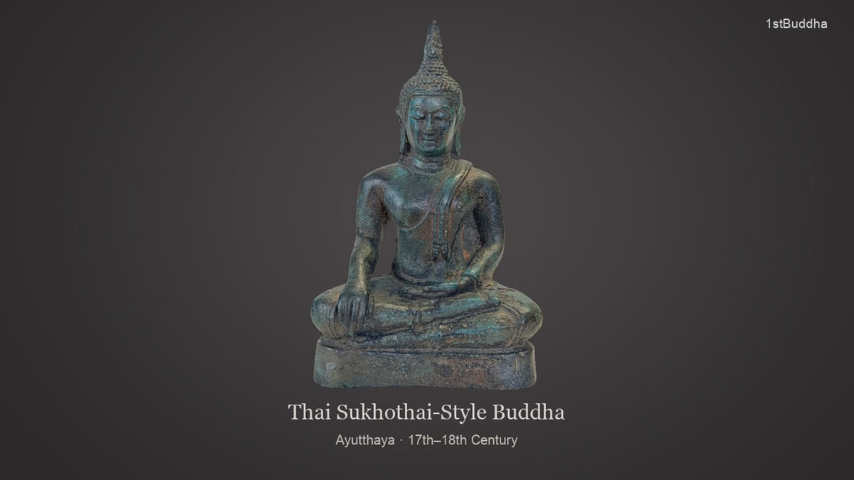 Productvideo van Antieke Thaise Boeddha in Sukhothai-stijl – Ayutthaya, 17e–18e eeuw, met verschillende aanzichten en details van het object, oppervlak en decoratie.
