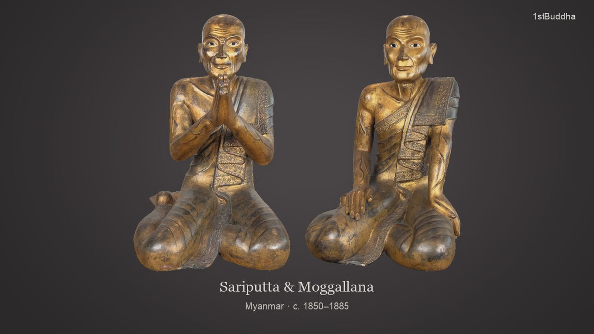Productvideo van Museumwaardig Paar Vergulde Birmese Monniken Sariputta en Moggallana, met beelden van het object en details van het oppervlak en de decoratie.