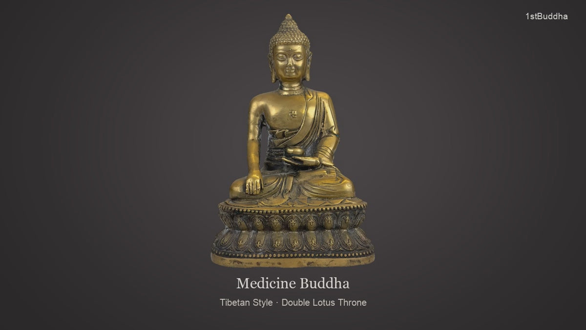 Productvideo van Vergulde Medicijn Boeddha op Lotus Troon – Tibetaanse Stijl Bronzen Sculptuur, met beelden van het object en details van het oppervlak en de decoratie.