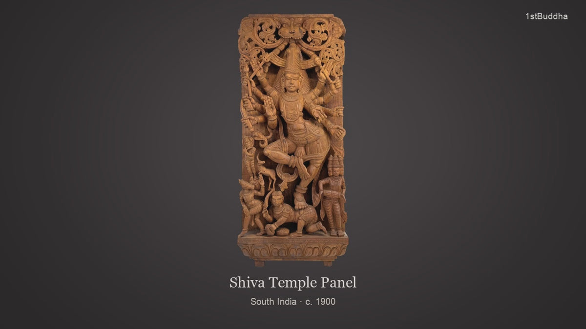 Productvideo van Monumentaal Antiek Zuid-Indiaas Houten Tempelpaneel van de Kosmische Dans van Shiva (107 cm) – 17 kg Massief Hardhout, ca. 1900, met beelden van het object en details van het oppervlak en de decoratie.