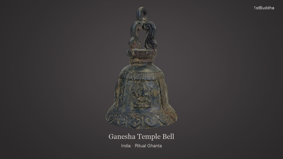 Productvideo van Antieke Bronzen Ganesha Tempelbel (Ghanta) – India (15 cm), met beelden van het object en details van het oppervlak en de decoratie.