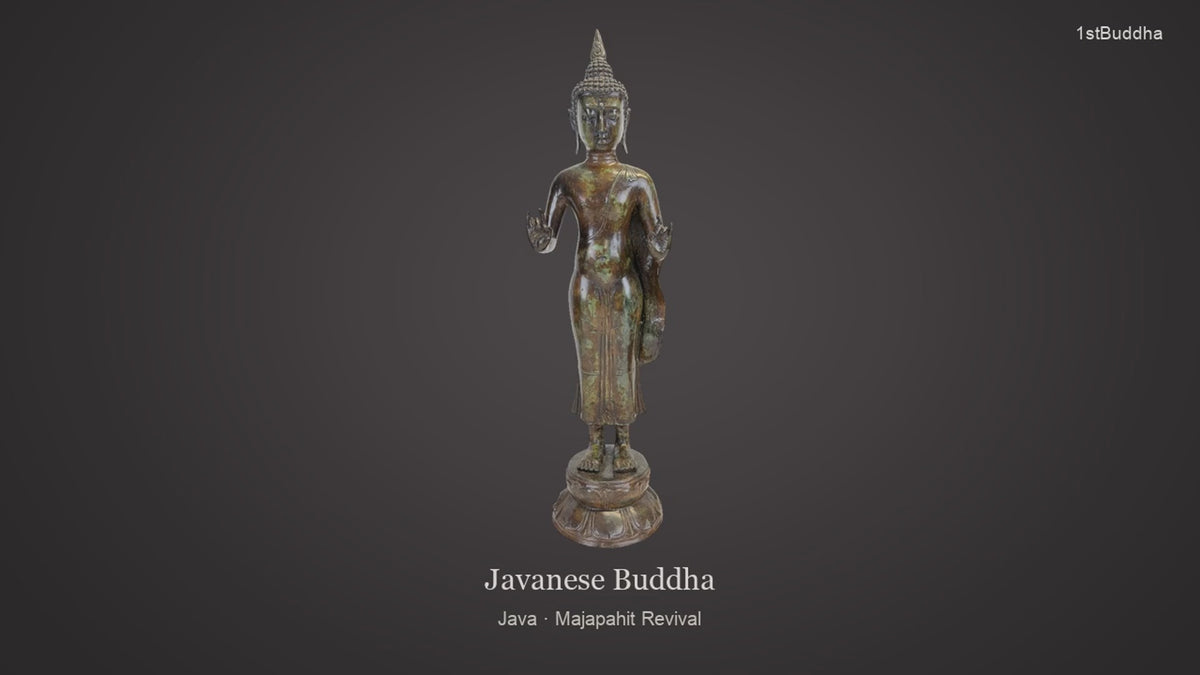 Productvideo van Antieke Javanese Boeddha – Majapahit Revival Stijl – Vitarka Mudra, met beelden van het object en details van het oppervlak en de decoratie.