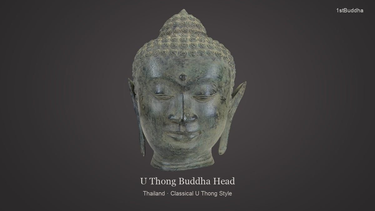 Productvideo van Gepatineerd Bronzen Boeddha Hoofd in U Thong Stijl – Thaise Kunst 27 cm, met beelden van het object en details van het oppervlak en de decoratie.