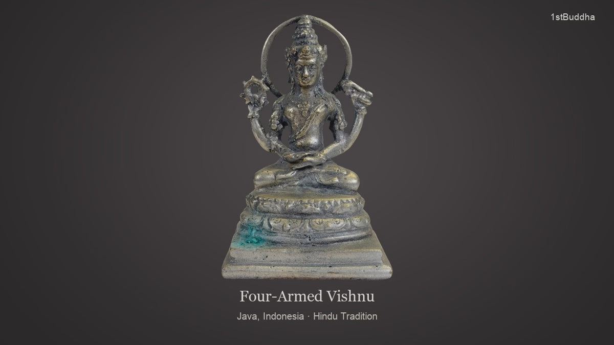 Productvideo van Oud Javaans Bronzen Vishnu Beeld uit Indonesië – Vierarmige Godheid met Chakra en Schelp, met beelden van het object en details van het oppervlak en de decoratie.