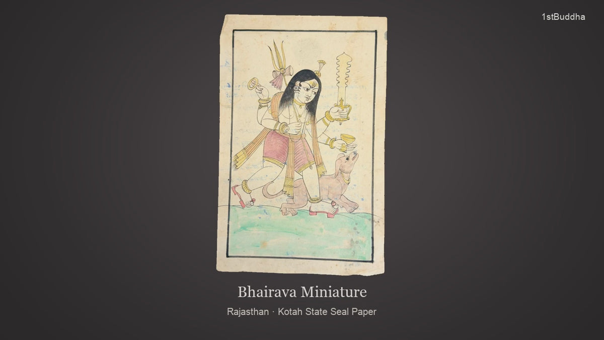 Productvideo van Antieke Bhairava Miniatuurschildering op Kotah State Zegelpapier – Rajasthan, India, met beelden van het object en details van het oppervlak en de decoratie.