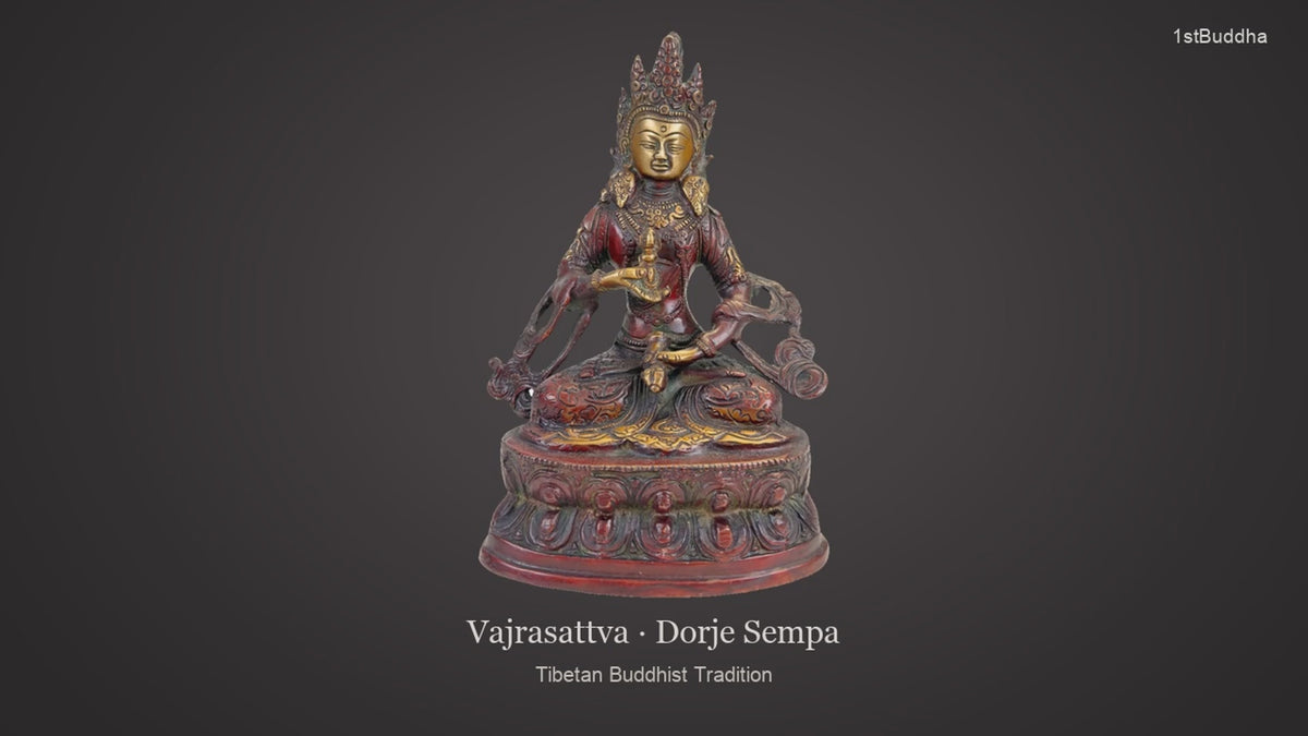 Productvideo van Tibetaans Vajrasattva Beeld Brons Himalaya Tweekleurige Patina 22 cm, met beelden van het object en details van het oppervlak en de decoratie.