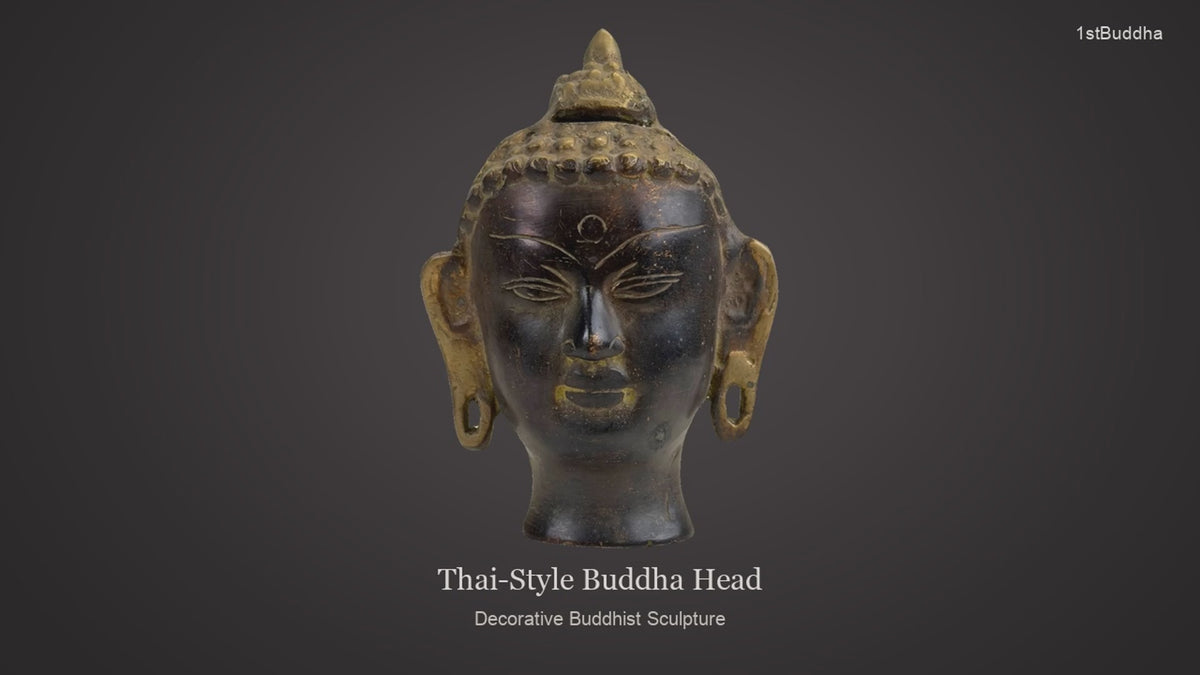 Productvideo van Bronzen Boeddha Hoofd – Thaise Stijl – Decoratief Sculptuur, met beelden van het object en details van het oppervlak en de decoratie.
