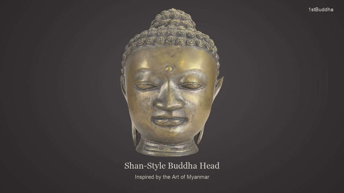 Productvideo van Bronzen Boeddha Hoofd in Shan Stijl – Handgegoten Sculptuur 31 cm, met beelden van het object en details van het oppervlak en de decoratie.