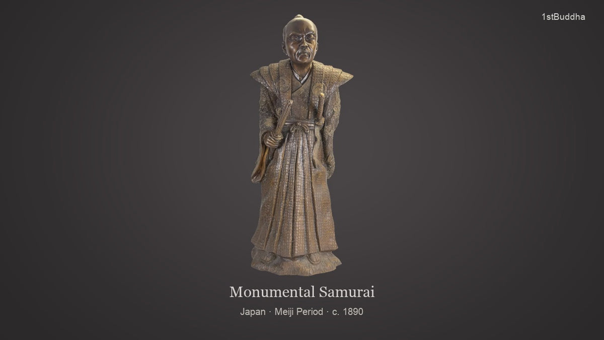 Productvideo van Monumentaal Antiek Japans Bronzen Beeld van een Samurai / Daimyo – Meiji-Periode (92 cm) – 34.2 kg Massief Brons met Uitzonderlijk Hoogreliëf Chasing, ca. 1890, met beelden van het object en details van het oppervlak en de decoratie.