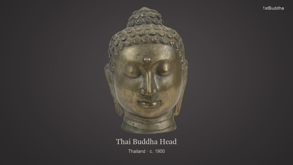 Productvideo van Antiek Thais bronzen Boeddhahoofd – ca. 1900, met beelden van het object en details van het oppervlak en de decoratie.