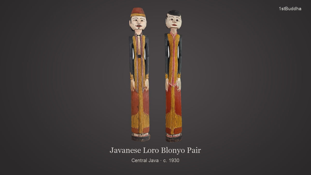 Productvideo van Paar Antieke Loro Blonyo Beelden – Midden-Java, ca. 1930 – Lot 754, met verschillende aanzichten en details van het object, oppervlak en decoratie.