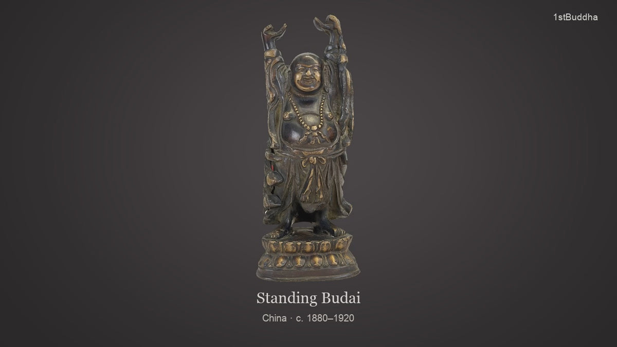 Productvideo van Antiek bronzen Budai beeld China late Qing-dynastie 23cm, met beelden van het object en details van het oppervlak en de decoratie.
