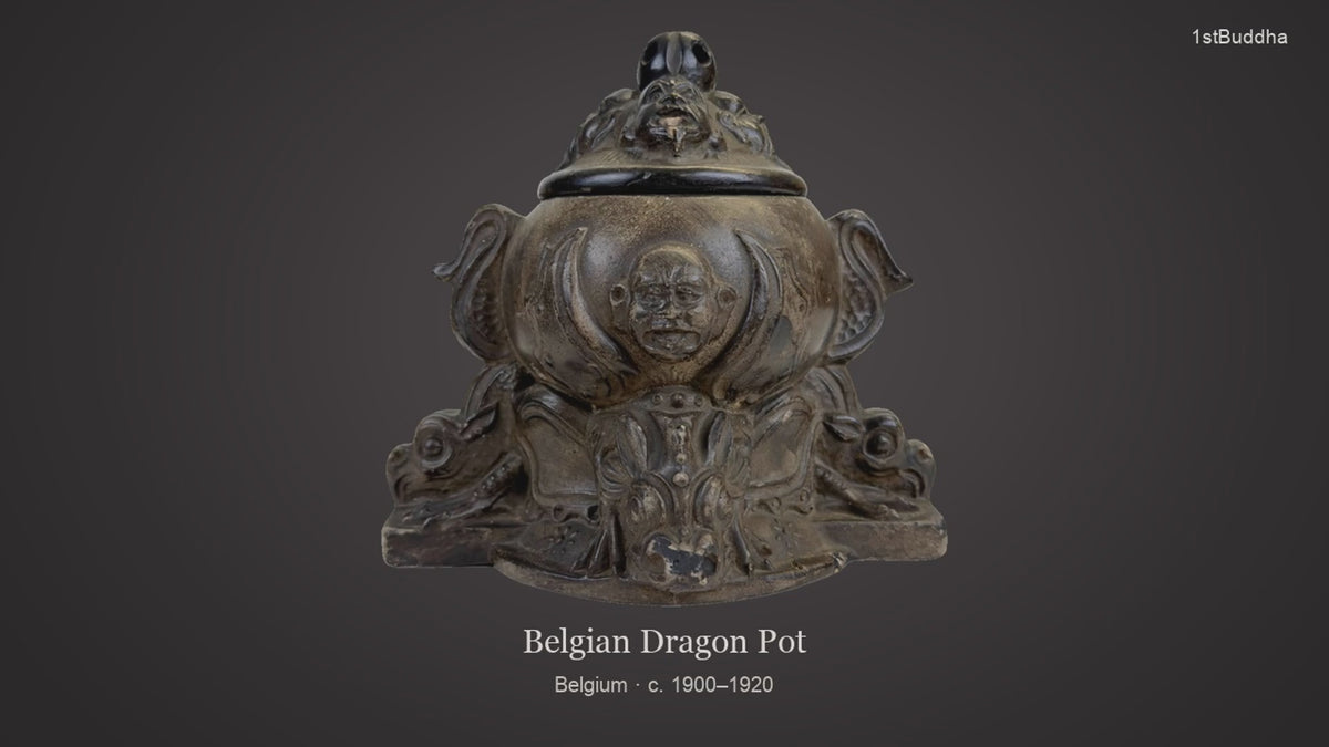 Productvideo van Antieke Belgische Decoratieve Pot 1900/1920 Drakenpot, met beelden van het object en details van het oppervlak en de decoratie.