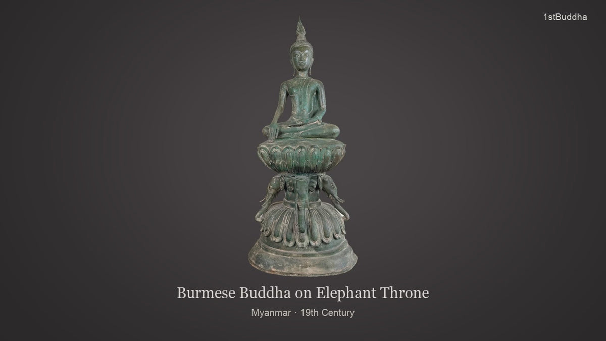 Productvideo van Monumentale 19e-eeuwse Birmese Shakyamuni Boeddha op Olifantentroon – 118 cm – Lot 755, met verschillende aanzichten en details van het object, oppervlak en decoratie.