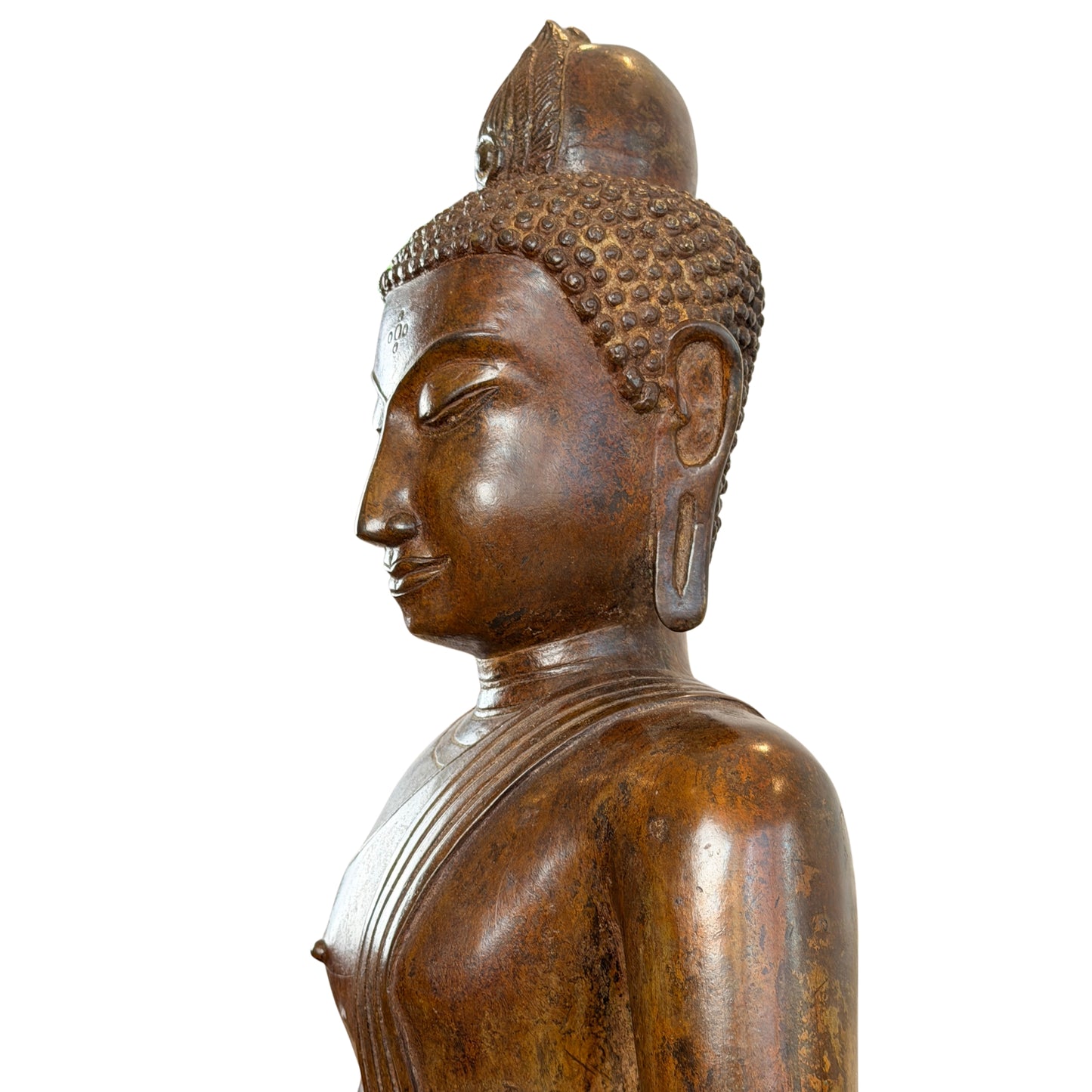 Gedetailleerd profielaanzicht van het hoofd en torso van een monumentaal bronzen Boeddhabeeld, tonende de gestileerde rechte neusrug met papegaaiensnavel-knik, de langgerekte oorlel en de vlakke, onversierde achterzijde van de ushnisha onder het vlamornament.