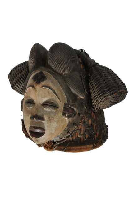 Authentiek Punu masker uit Gabon, combinatie van hout en traditioneel vlechtwerk